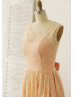 Peach Pink Lace Deep V Back Short Bridesmaid Dress 
